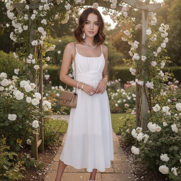 Maxi Dress Solid Gathered Top Spaghetti Straps Back Tie Cute Bow! - Picture 2 of 16